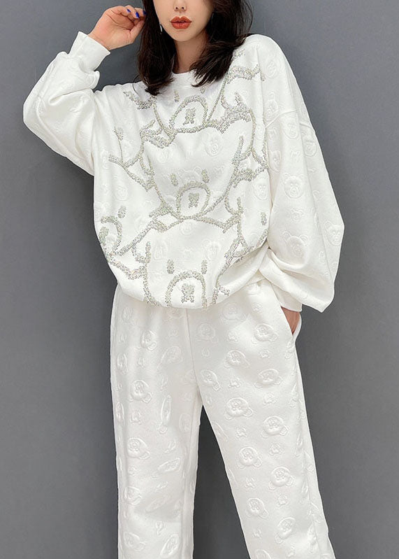 Plus Size White Oversized Bear Jacquard Cotton Two Piece Set Fall