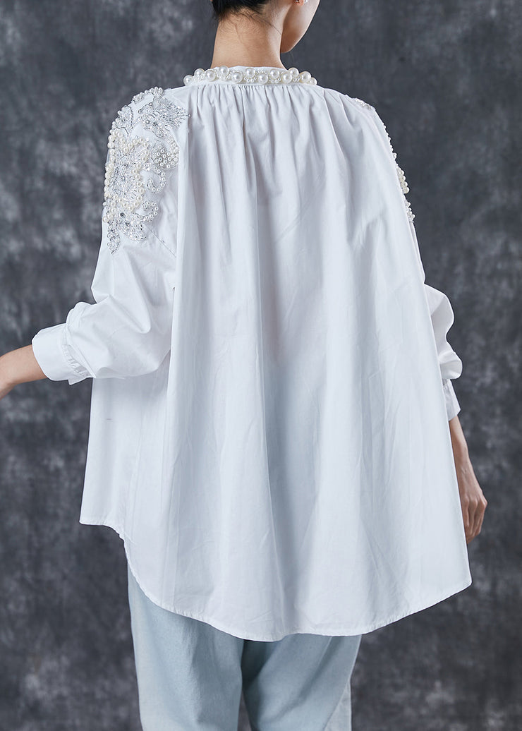 Plus Size White Oversized Nail Bead Cotton Shirts Spring