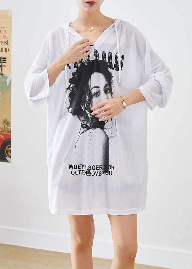 Plus Size White Oversized Print Cotton Pullover Streetwear Fall