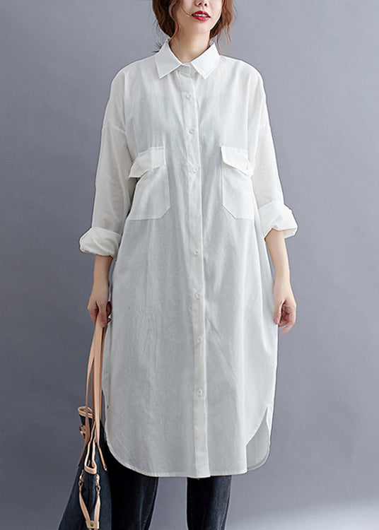 Plus Size White Peter Pan Collar Button Patchwork Cotton Shirts Dress Fall