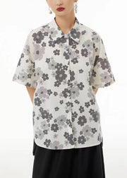 Plus Size White Peter Pan Collar Print Cotton Shirts Summer