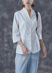 Plus Size White Stand Collar Button Cotton Shirt Tops Bracelet Sleeve