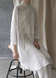 Plus Size White Stand Collar Lace Up Cotton Shirt Dress Bracelet Sleeve