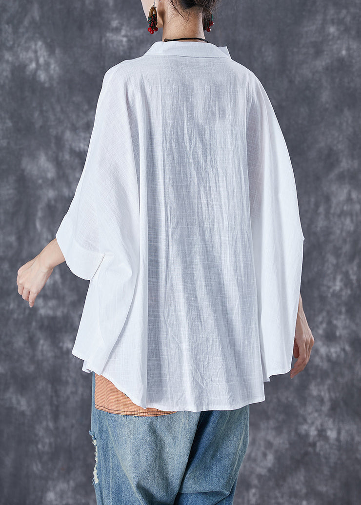 Plus Size black - texture Stand Collar Patchwork Linen Shirt Tops Batwing Sleeve