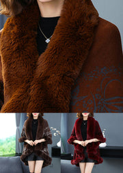 Plus Size Wine Red Fur Collar Print Patchwork Woolen Coat Fall