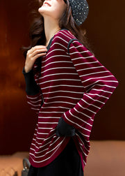 Plus Size Wine Red Striped Patchwork Cotton Knit Tops Spring