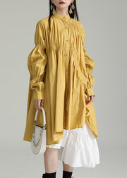 Plus Size Yellow Asymmetrical Patchwork Cotton Shirts Dress Fall