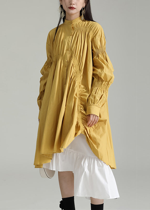 Plus Size Yellow Asymmetrical Patchwork Cotton Shirts Dress Fall