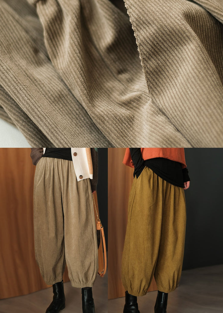 Plus Size Yellow Elastic Waist Corduroy Harem Pants Fall