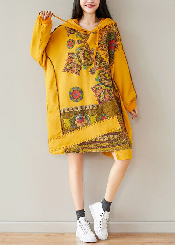 Plus Size Yellow Hooded Asymmetrical Design Patchwork Cotton Mid Dresses Spring