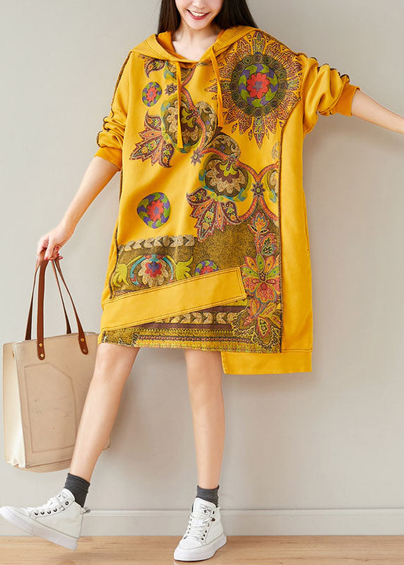 Plus Size Yellow Hooded Asymmetrical Design Patchwork Cotton Mid Dresses Spring