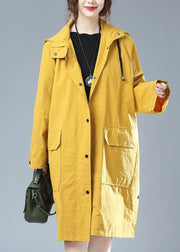 Plus Size Yellow Hooded Print Pockets Patchwork Cotton Trench Coat Fall