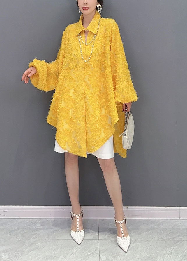 Plus Size Yellow Jacquard Side Open Tulle Long Blouse Spring