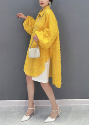 Plus Size Yellow Jacquard Side Open Tulle Long Blouse Spring