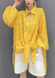 Plus Size Yellow Jacquard Side Open Tulle Long Blouse Spring