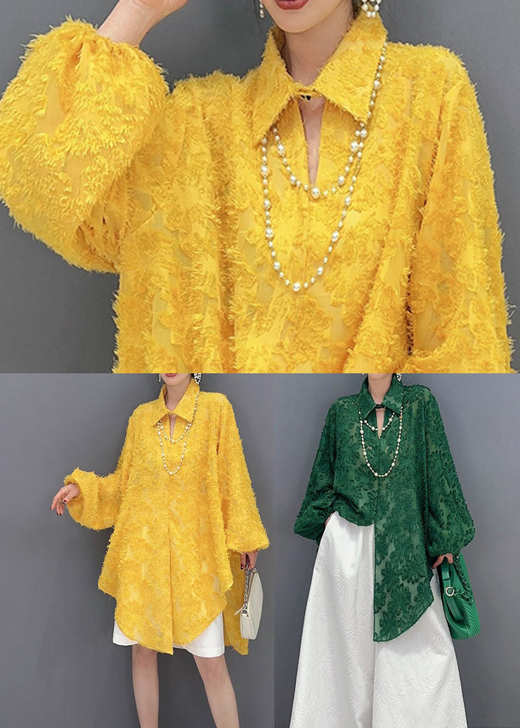 Plus Size Yellow Jacquard Side Open Tulle Long Blouse Spring