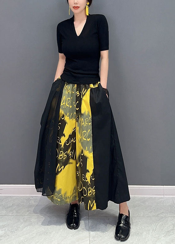 Plus Size Yellow Letter Print Pockets Cotton Wide Leg Pants Spring