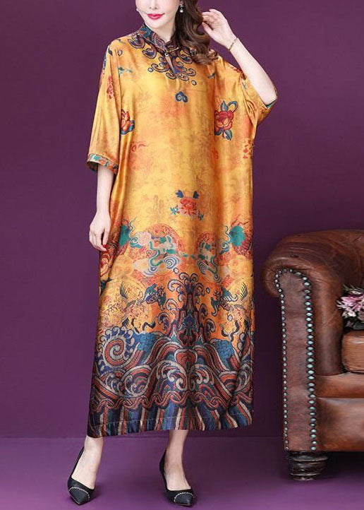 Plus Size Yellow Mandarin Collar Print Silk Dresses Batwing Sleeve