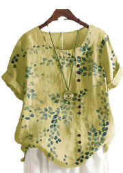 Plus Size Yellow O-Neck Embroideried Floral Linen Tops Short Sleeve