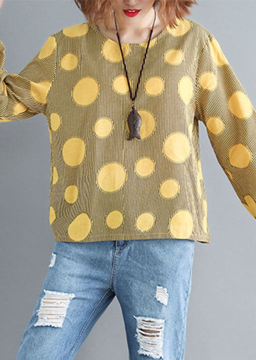 Plus Size Yellow O-Neck Oversized Dot Print Cotton Tops Spring