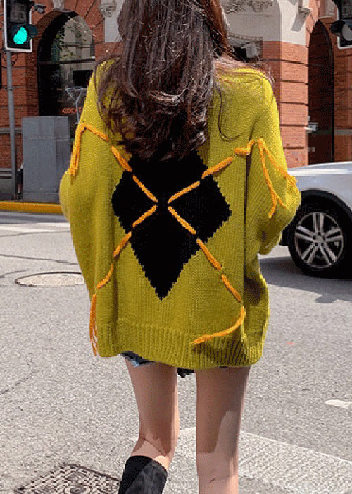 Plus Size Yellow O Neck Patchwork Cozy Cotton Knit Sweater Batwing Sleeve