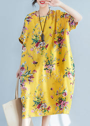 Plus Size Yellow O-Neck Print Cotton Holiday Dress Summer