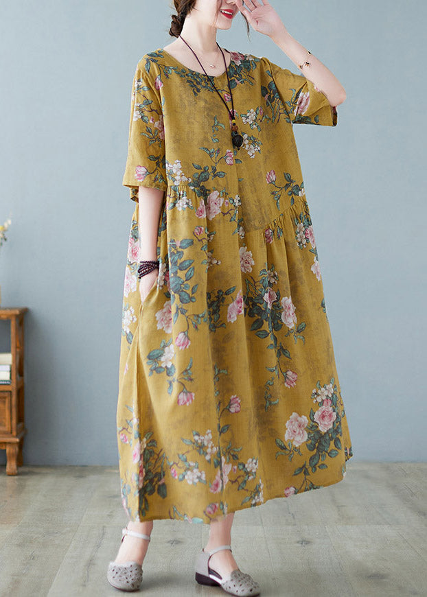 Plus Size Yellow O-Neck Print Maxi Dress Summer