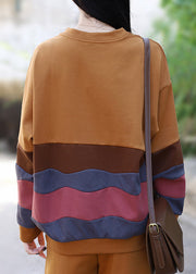 Plus Size Yellow O-Neck Striped Patchwork Top Long Sleeve