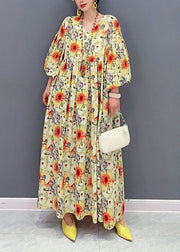 Plus Size Yellow Oversized Floral Print Cotton Robe Dresses Lantern Sleeve