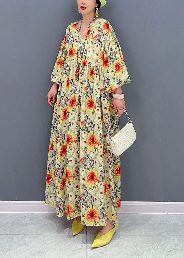 Plus Size Yellow Oversized Floral Print Cotton Robe Dresses Lantern Sleeve