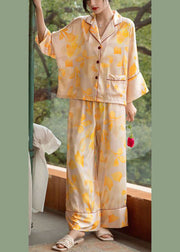 Plus Size Yellow Oversized Print Ice Silk Pajamas Women Sets 2 Pieces Batwing Sleeve