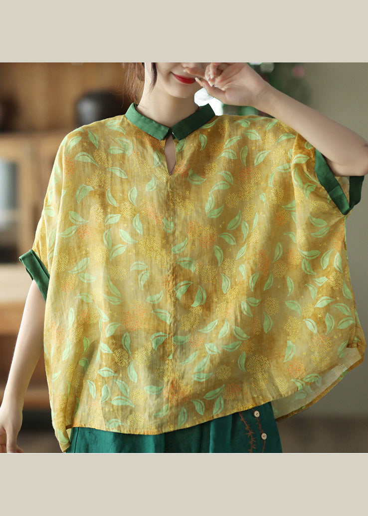 Plus Size Yellow Patchwork Ramie Shirt Short Sleeve