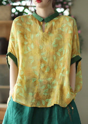 Plus Size Yellow Patchwork Ramie Shirt Short Sleeve