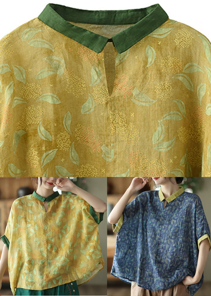 Plus Size Yellow Patchwork Ramie Shirt Short Sleeve