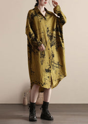 Plus Size Yellow Peter Pan Collar Patchwork Linen Shirts Dresses Spring