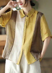 Plus Size Yellow Peter Pan Collar Solid Ramie Shirts Summer