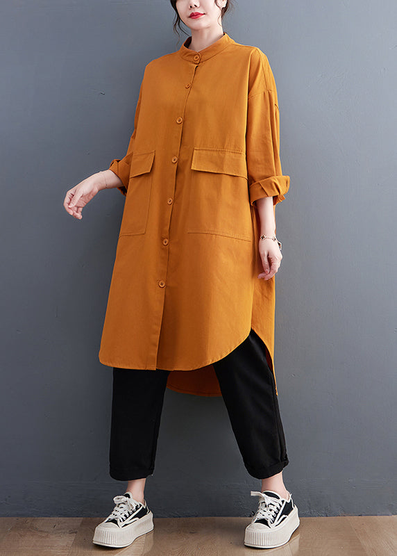 Plus Size Yellow Pockets Button Cotton Shirts Coat Fall