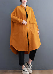 Plus Size Yellow Pockets Button Cotton Shirts Coat Fall