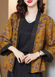 Plus Size Yellow Print Patchwork Silk Loose Cardigans Bracelet Sleeve