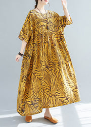 Plus Size Yellow Print Wrinkled Cotton Vacation Long Dresses Short Sleeve