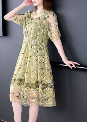 Plus Size Yellow Ruffled Embroideried Tulle Party Dress Summer