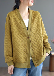 Plus Size Yellow V Neck Button Cotton Cardigan Coats Fall