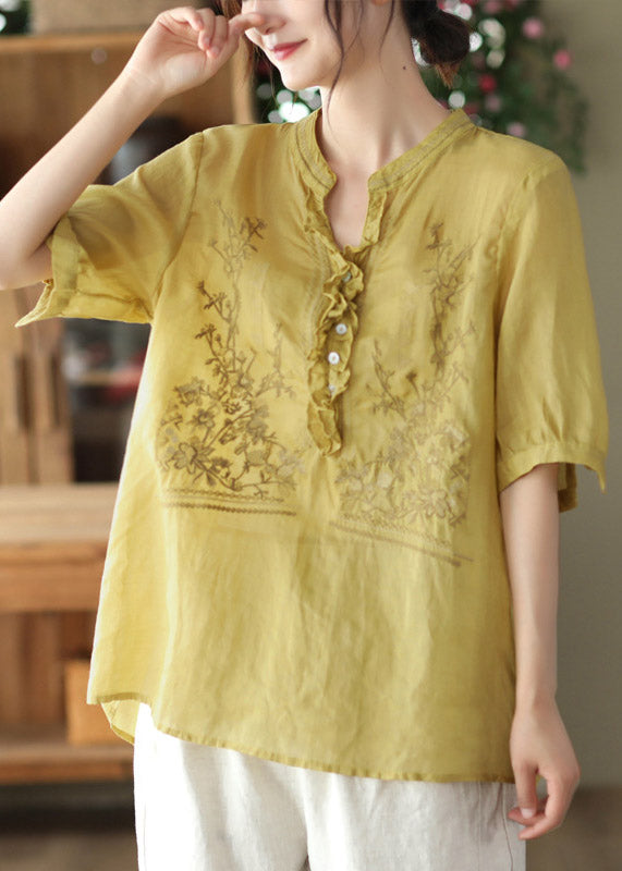 Plus Size Yellow V Neck Embroideried Linen T Shirt Short Sleeve