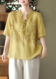 Plus Size Yellow V Neck Embroideried Linen T Shirt Short Sleeve