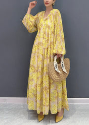 Plus Size Yellow V Neck Ruffled Print Chiffon Long Dresses Fall