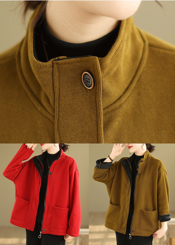 Plus Size Yellow Zip Up Pockets Patchwork Warm Fleece Coat Fall