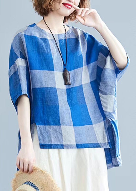 Plus Size Blue low high design O-Neck Plaid Linen Top long sleeve