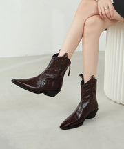 Pointed Toe Italian Chunky Boots Coffee Sheepskin