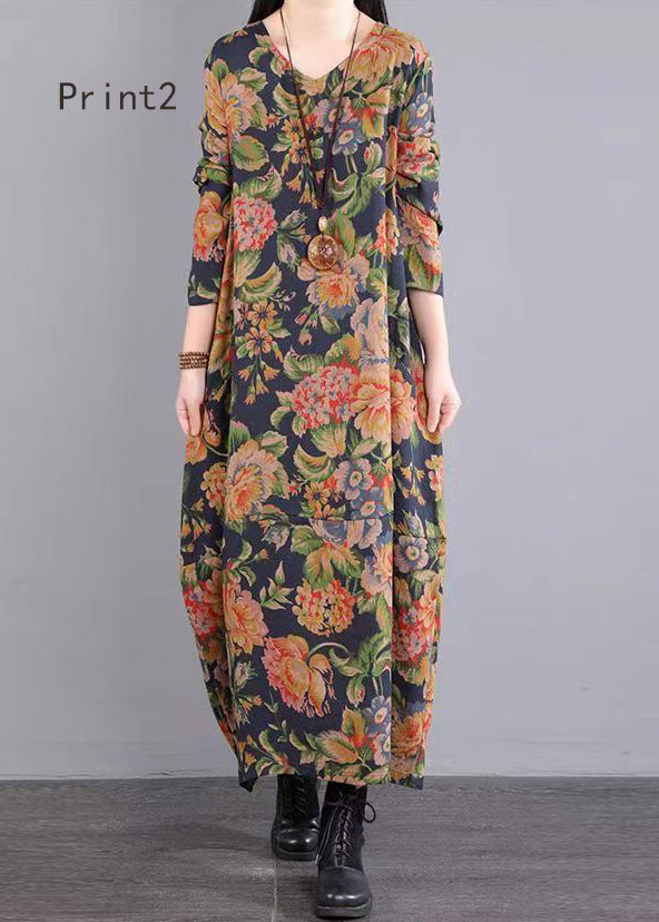 Print Patchwork Loose Cotton Long Dress V Neck Fall