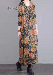 Print Patchwork Loose Cotton Long Dress V Neck Fall